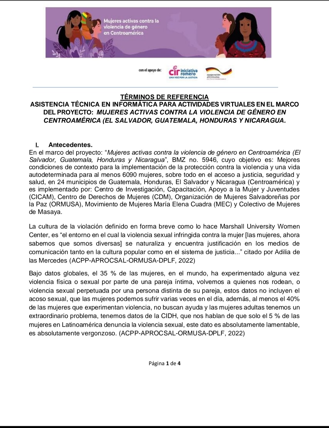 Asistencia técnica en informática  para actividades virtuales en el marco del proyecto: Mujeres activas contra la violencia de género en Centroamérica   (El Salvador, Guatemala, Honduras y Nicargaua).