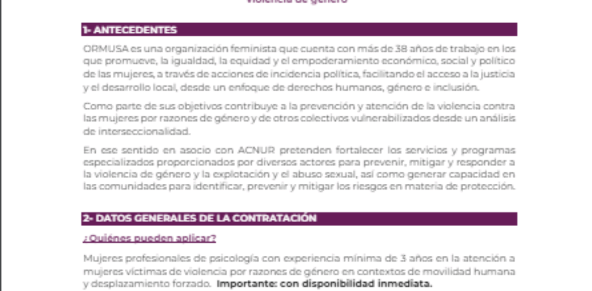 Contratación de Psicológica: Espacio de apoyo “A tu lado” sede San Salvador – Segunda Convocatoria