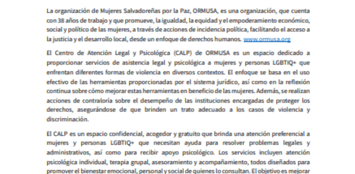 Trabajadora social para centro de atención legal y psicológica  (CALP) de ORMUSA