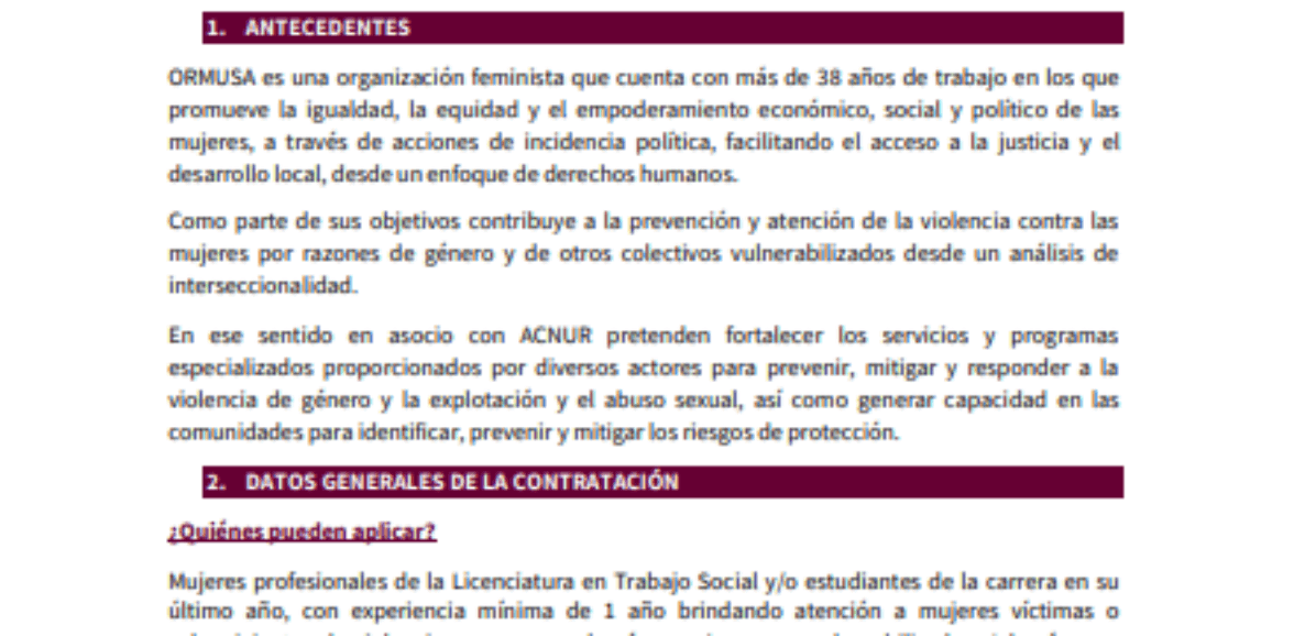 Contratación de trabajadora social ( Sede en San Salvador)