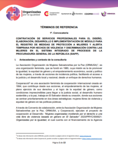 Lee más sobre el artículo Contratación de servicios profesionales para el diseño, elaboración, desarrollo e implementación de modulo para el registro de medidas de protección a mujeres y alerta temprana por hechos de violencia y discriminación contra las mujeres en el sistema integrado de procesos de la Procuraduría General de la República (SIAP)