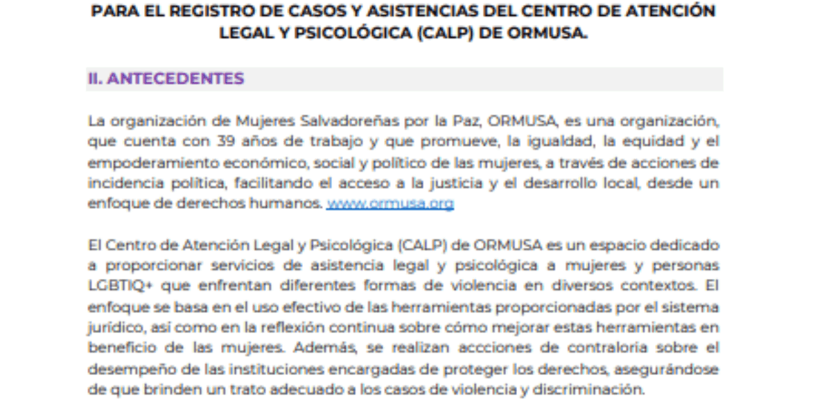 Elaboración o actualización de herramienta informáticas para el registro de casos y asistencia del centro de atención legal y psicológico (CALP) de ORMUSA