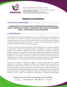 Lee más sobre el artículo Elaboración o actualización de herramienta informáticas para el registro de casos y asistencia del centro de atención legal y psicológico (CALP) de ORMUSA