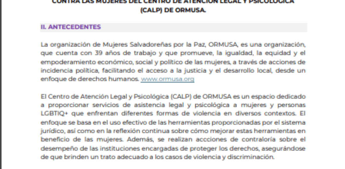 Actualización de protocolos de atención de casos de violencia contra las mujeres del centro de atención legal y psicológica (CALP) de ORMUSA