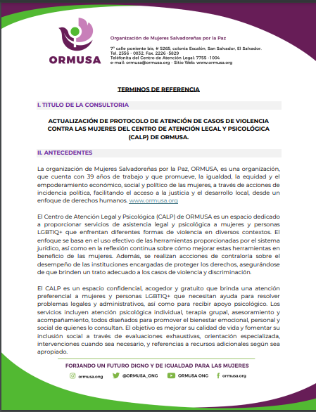 Actualización de protocolos de atención de casos de violencia contra las mujeres del centro de atención legal y psicológica (CALP) de ORMUSA