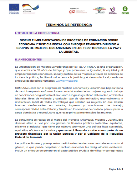 Diseño e implementación de procesos de formación y economía y justicia fiscal con enfoque feminista dirigido a grupos de mujeres organizadas en los territorios de La Paz y La Libertad