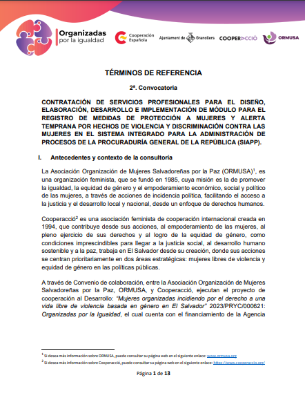 Lee más sobre el artículo Contratación de servicios profesionales para el diseño, elaboración, desarrollo e implementación de modulo para el registro de medidas de protección a mujeres y alerta temprana por hechos de violencia y discriminación contra las mujeres en el sistema integrado de procesos de la Procuraduría General de la República (SIAPP) – 2 Convocatoria