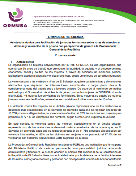 Lee más sobre el artículo Asistencia técnica para facilitación de jornadas formativos sobre rutas de atención a victimas de la prueba con perspectiva de genero a la Procuraduría General de la Republica – 1 Convocatoria