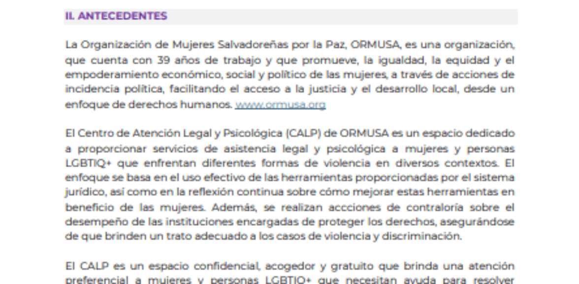 Servicio de alquiler de inmueble para el funcionamiento del centro de Atención Legal y Psicológica ( CALP) de ORMUSA