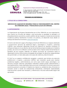 Lee más sobre el artículo Servicio de alquiler de inmueble para el funcionamiento del centro de Atención Legal y Psicológica ( CALP) de ORMUSA