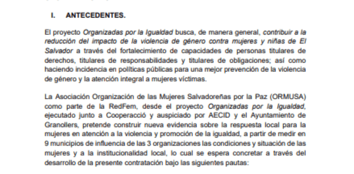 Servicios profesionales para investigación sobre subsistemas de protección para la propuesta a la violencia contra las mujeres en 9 distritos de 4 departamentos donde trabaja permanentemente las organizaciones de la REDFEM