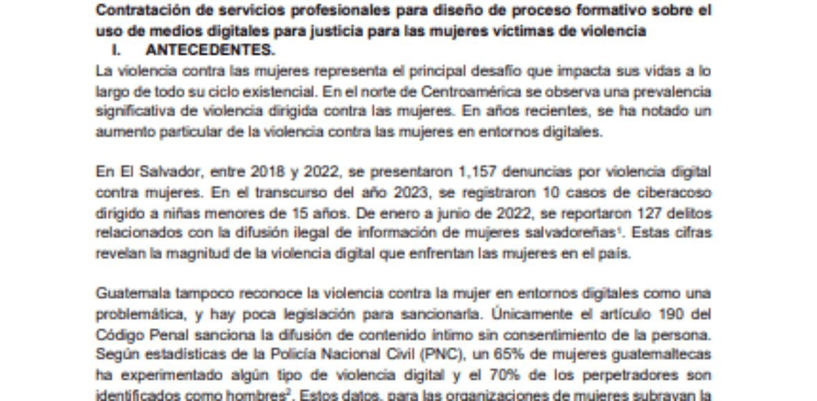 Contratación de servicios profesionales para diseño de proceso formativo sobre el uso de medios digitales para justicia para las mujeres víctimas de violencia