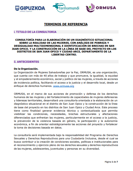 Consultoría para la elaboración de un diagnostico situacional sobre la realidad de las mujeres, con análisis de pobreza y desigualdad multidimensional  e identificación de brechas en San juan Opico y la Construcción de la línea base del proyecto en los distritos de San Juan Opico y Ciudad Arce, departamento La Libertad Centro