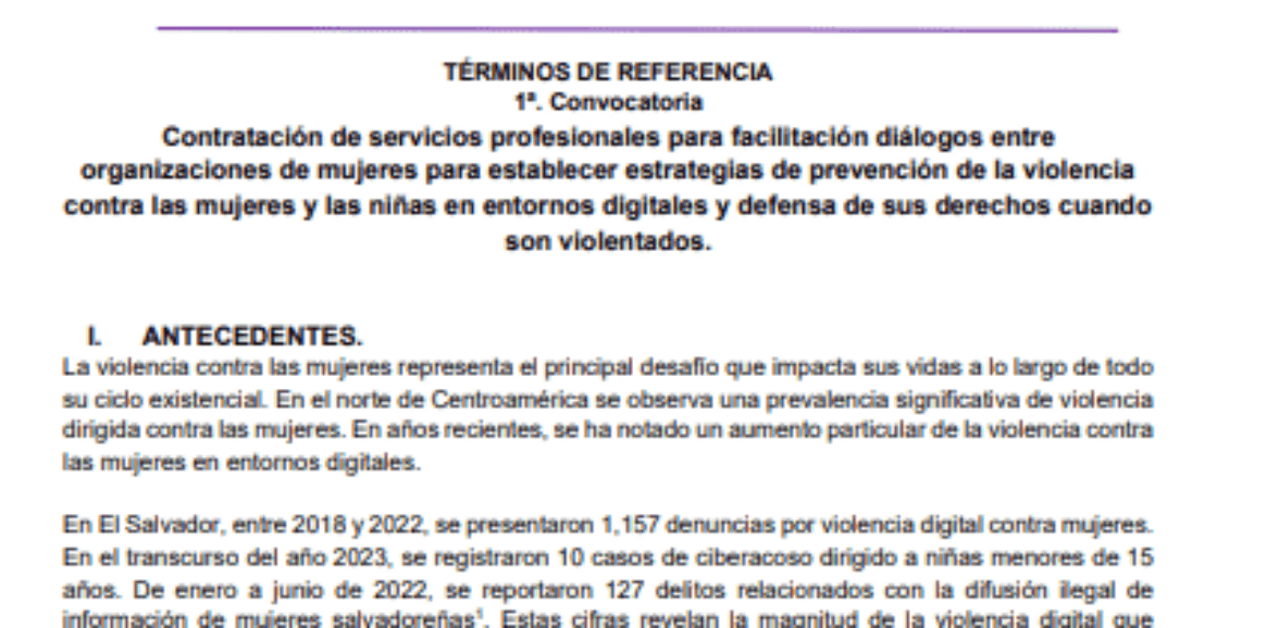 1- Convocatoria – Contratación de servicios profesionales para facilitación diálogos entre organizaciones de mujeres para establecer estrategias de prevención de la violencia contra las mujeres y las niñas en entornos digitales y defensa de sus derechos cuando son violentados.