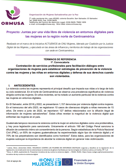 1- Convocatoria – Contratación de servicios profesionales para facilitación diálogos entre organizaciones de mujeres para establecer estrategias de prevención de la violencia contra las mujeres y las niñas en entornos digitales y defensa de sus derechos cuando son violentados.