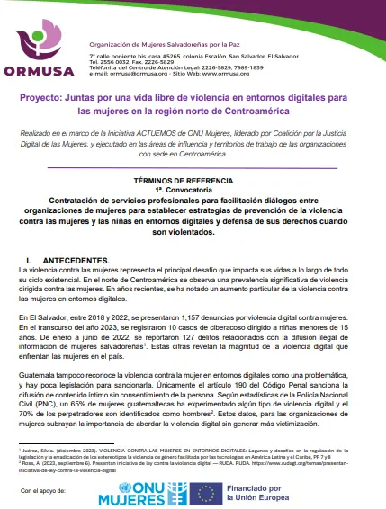 1- Convocatoria – Contratación de servicios profesionales para facilitación diálogos entre organizaciones de mujeres para establecer estrategias de prevención de la violencia contra las mujeres y las niñas en entornos digitales y defensa de sus derechos cuando son violentados.