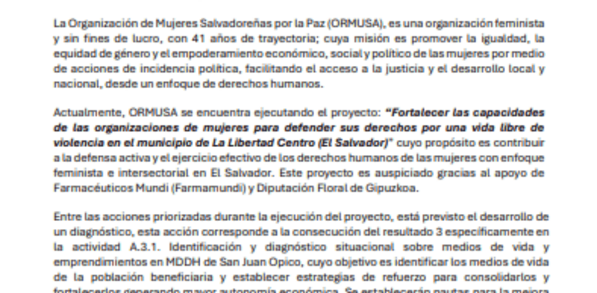 Asistencia técnica para elaboración de un diagnóstico situacional y mapeo de medios de vida y emprendimientos de las mujeres defensoras de derechos humanos (MDDH) en el distrito de San Juan Opico, La Libertad Centro