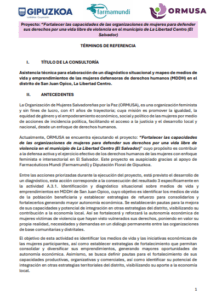 Lee más sobre el artículo Asistencia técnica para elaboración de un diagnóstico situacional y mapeo de medios de vida y emprendimientos de las mujeres defensoras de derechos humanos (MDDH) en el distrito de San Juan Opico, La Libertad Centro