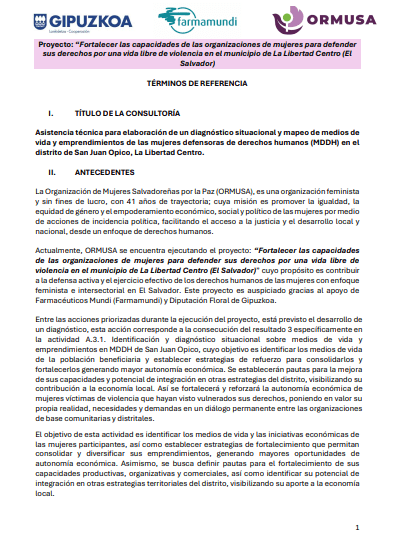 Asistencia técnica para elaboración de un diagnóstico situacional y mapeo de medios de vida y emprendimientos de las mujeres defensoras de derechos humanos (MDDH) en el distrito de San Juan Opico, La Libertad Centro