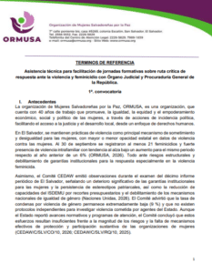 Lee más sobre el artículo Asistencia técnica para facilitación de jornadas formativas sobre ruta crítica de respuesta ante la violencia y feminicidio con Órgano Judicial y Procuraduría General dela República. 1ª. convocatoria