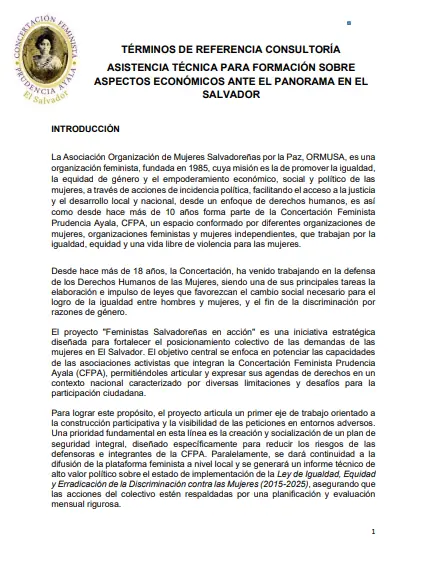 Asistencia técnica para la formación sobre aspectos económicos ante el panorama en El Salvador